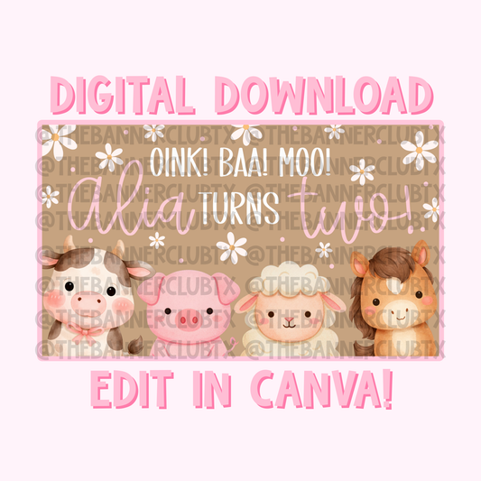 Girly Oink Baa Moo Two Banner Template | Digital File