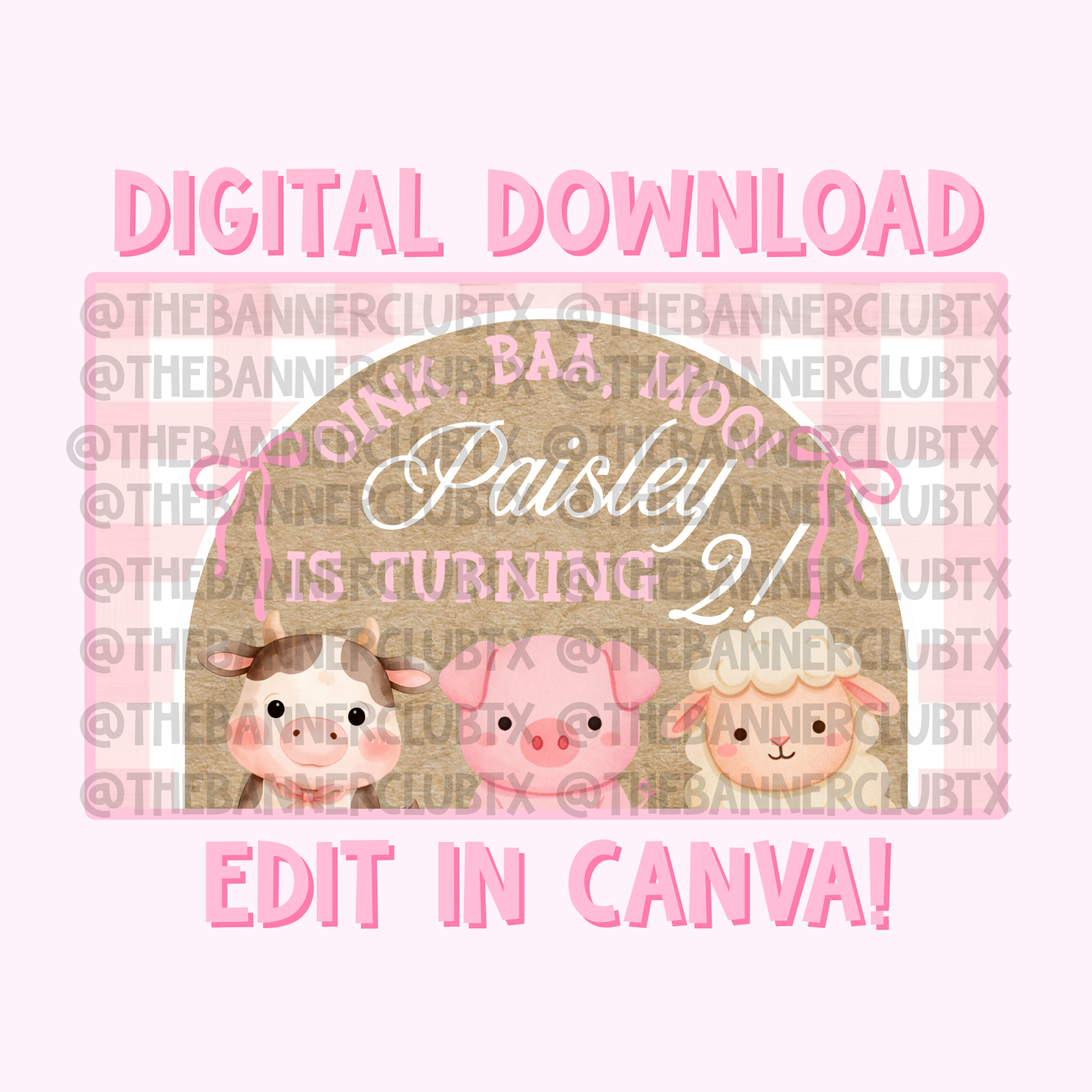 Girly Oink Baa Moo Two Banner Template | Digital File