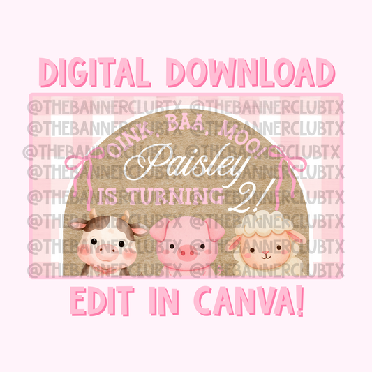 Girly Oink Baa Moo Two Banner Template | Digital File