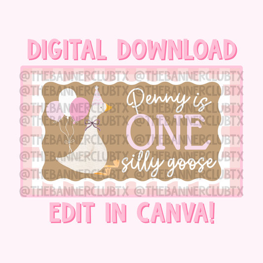 Pink Gingham One Silly Goose Banner Template | Digital File