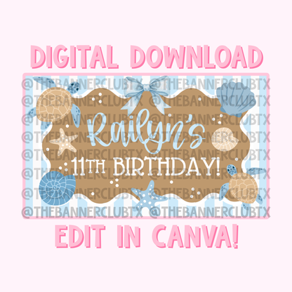 Blue Beach Birthday Banner Template | Digital File