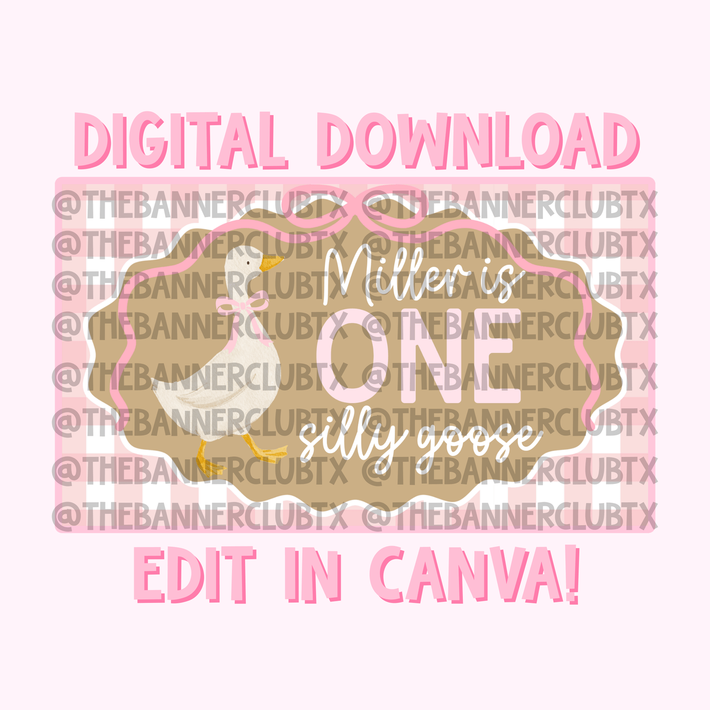 Pink Gingham One Silly Goose Banner Template | Digital File