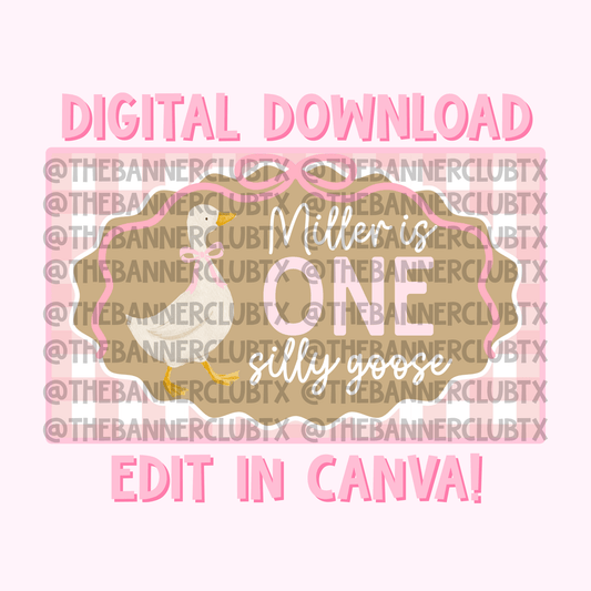 Pink Gingham One Silly Goose Banner Template | Digital File