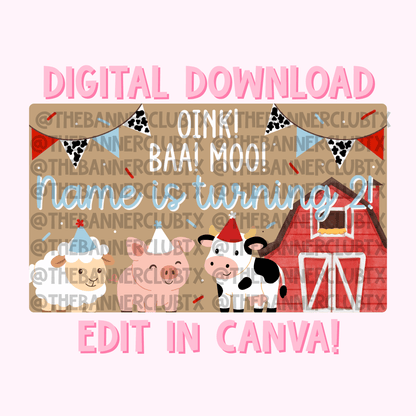 Oink Baa Moo Two Banner Template | Digital File