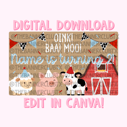 Oink Baa Moo Two Banner Template | Digital File