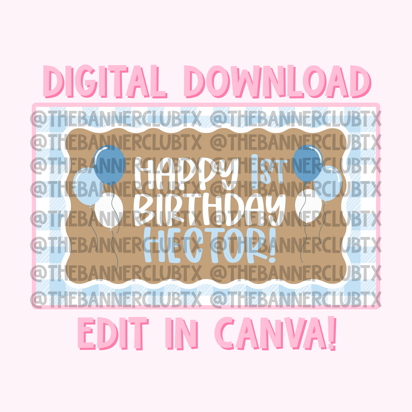 Gingham First Birthday Banner Template | Digital File
