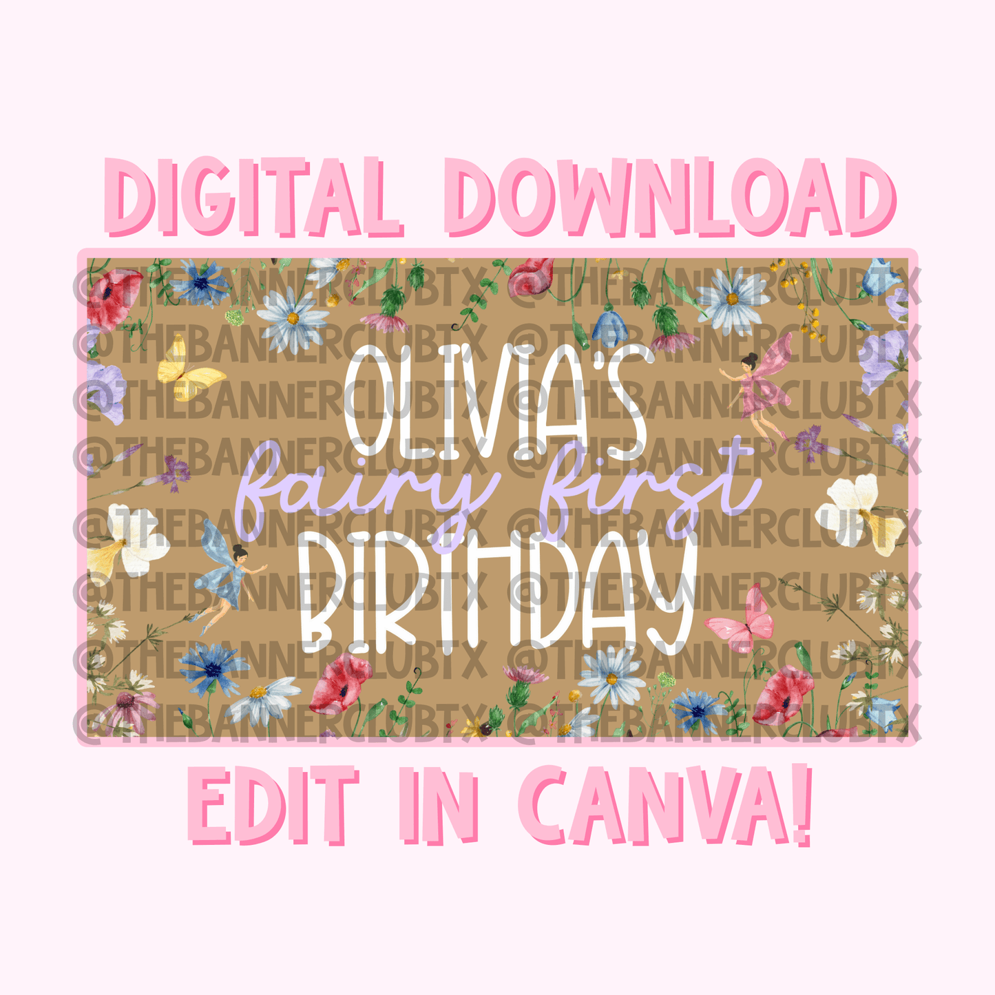 Fairy First Birthday Wildflower Banner Template | Digital File