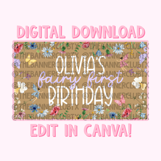Fairy First Birthday Wildflower Banner Template | Digital File
