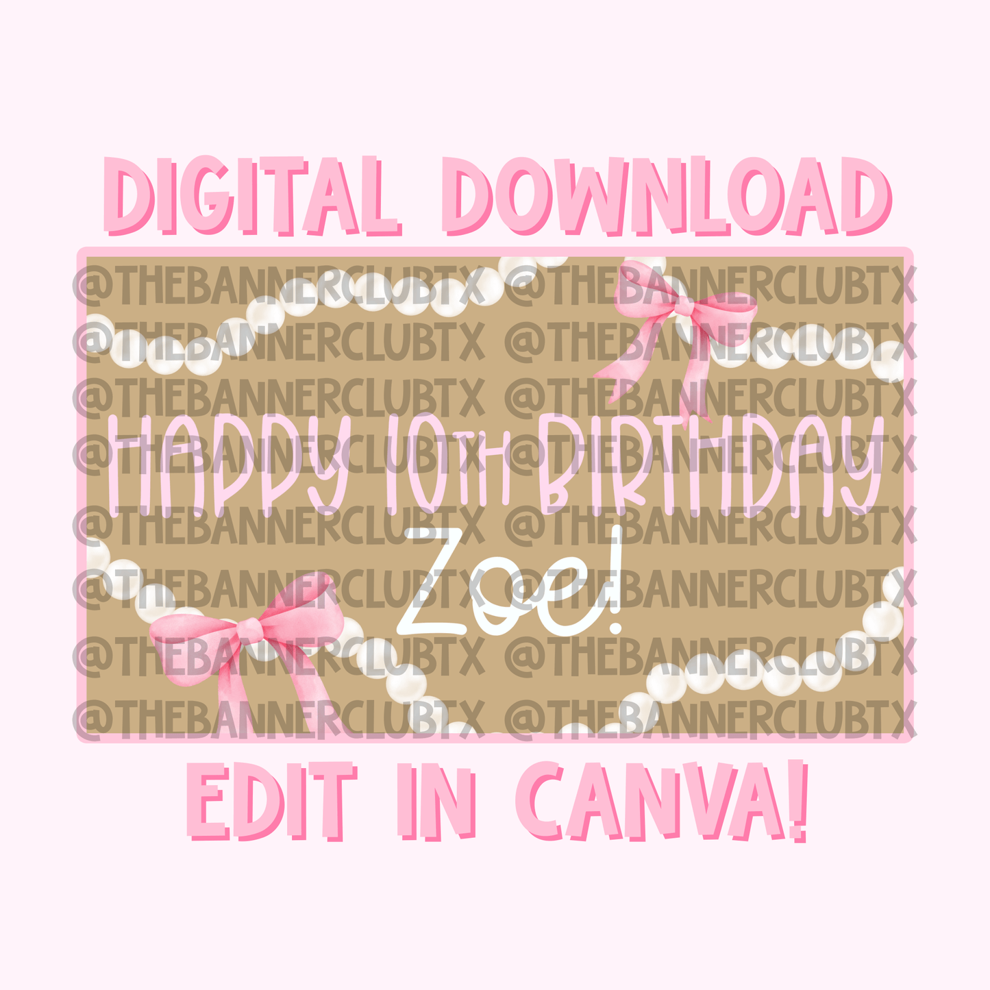 Pearls & Bows Birthday Banner Template | Digital File