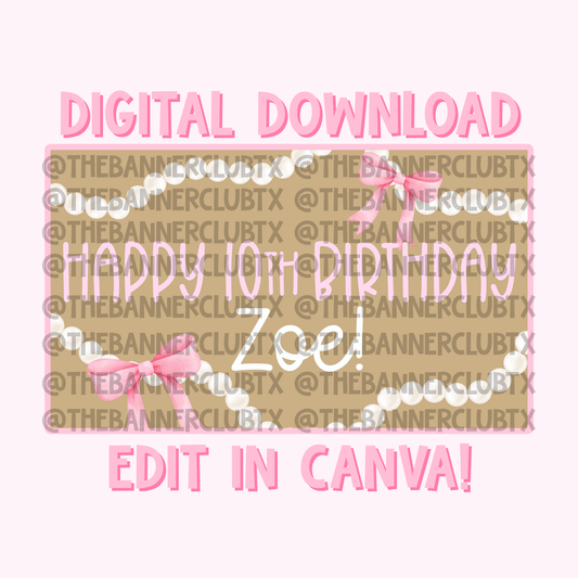 Pearls & Bows Birthday Banner Template | Digital File